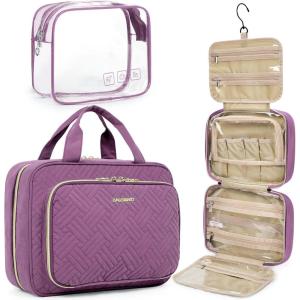 image:imageBAGSMART Toiletry Bag Hanging Travel Makeup Organizer with TSA Approved Transparent Cosmetic Bag Makeup Bag for Full Sized Toiletries LargePinkPurple