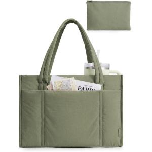image:imageBAGSMART Tote Bag for Women 2Pc Puffer Tote Bag with Zipper Quilted Work Tote Teacher Bag Shoulder Handbag  Beach Tote Diaper Bag Tote for Travel Gym Lightweight Fit 156 Laptop 21L Medium ToteOlive Green