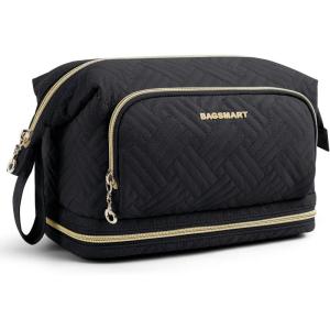 image:imageBAGSMART Travel Makeup Bag Cosmetic Bag Small Make Up Organizer CaseWideopen Pouch for Women Purse for Toiletries Accessories Brushes Pink122 Layers Black