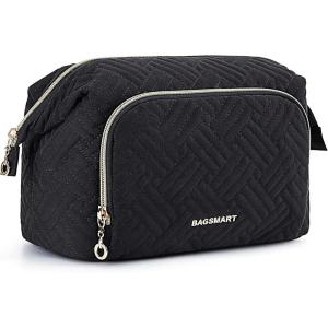 image:imageBAGSMART Travel Makeup Bag Cosmetic Bag Small Make Up Organizer CaseWideopen Pouch for Women Purse for Toiletries Accessories Brushes PinkC1 Layer Black