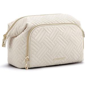 image:imageBAGSMART Travel Makeup Bag Cosmetic Bag Small Make Up Organizer CaseWideopen Pouch for Women Purse for Toiletries Accessories Brushes PinkD1 Layer Beige