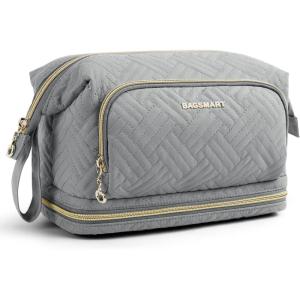 image:imageBAGSMART Travel Makeup Bag Cosmetic Bag Small Make Up Organizer CaseWideopen Pouch for Women Purse for Toiletries Accessories Brushes PinkP2 Layers Grey