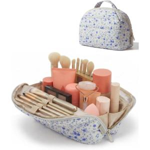 image:imageBAGSMART Travel Makeup Bag for Women Portable Folddown Cosmetic Case Puffy Padded Make Up Organizer Pouch Waterresistant Toiletry Bag for Toiletries Brushes Baby PinkBlue Ditsy Floral Print