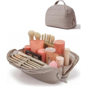 image:imageBAGSMART Travel Makeup Bag for Women Portable Folddown Cosmetic Case Puffy Padded Make Up Organizer Pouch Waterresistant Toiletry Bag for Toiletries Brushes Baby PinkBrown