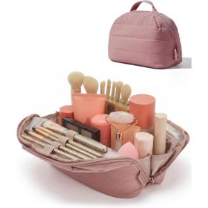 image:imageBAGSMART Travel Makeup Bag for Women Portable Folddown Cosmetic Case Puffy Padded Make Up Organizer Pouch Waterresistant Toiletry Bag for Toiletries Brushes Baby PinkDark Pink