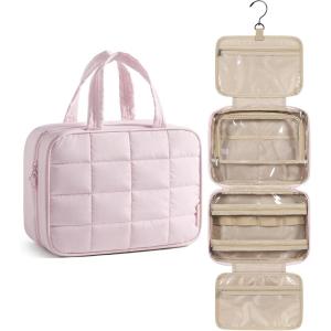image:imageBAGSMART Travel Toiletry Bag with Jewelry Organizer Hanging Travel Bag for Toiletries Puffy Makeup Cosmetic Bag Organizer Carryon Travel Accessories Essentials BeigeMPink3