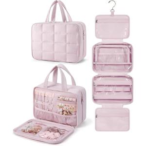 image:imageBAGSMART Travel Toiletry Bag with Jewelry Organizer Hanging Travel Bag for Toiletries Puffy Makeup Cosmetic Bag Organizer Carryon Travel Accessories Essentials BeigeMPink2