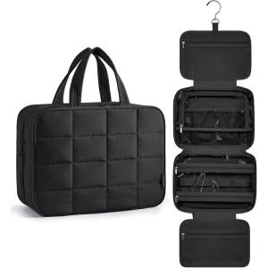 image:imageBAGSMART Travel Toiletry Bag with Jewelry Organizer Hanging Travel Bag for Toiletries Puffy Makeup Cosmetic Bag Organizer Carryon Travel Accessories Essentials BeigeMBlack2