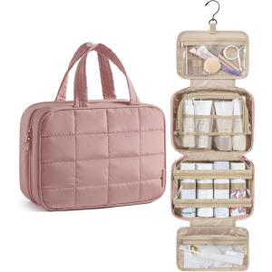 image:imageBAGSMART Travel Toiletry Bag with Jewelry Organizer Hanging Travel Bag for Toiletries Puffy Makeup Cosmetic Bag Organizer Carryon Travel Accessories Essentials BeigeMDark Pink3