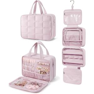 image:imageBAGSMART Travel Toiletry Bag with Jewelry Organizer Hanging Travel Bag for Toiletries Puffy Makeup Cosmetic Bag Organizer Carryon Travel Accessories Essentials BeigeMPink1