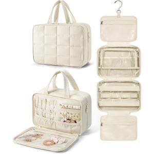 image:imageBAGSMART Travel Toiletry Bag with Jewelry Organizer Hanging Travel Bag for Toiletries Puffy Makeup Cosmetic Bag Organizer Carryon Travel Accessories Essentials BeigeMBeige1