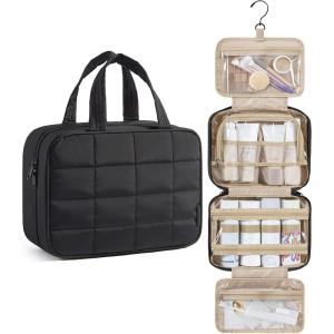 image:imageBAGSMART Travel Toiletry Bag with Jewelry Organizer Hanging Travel Bag for Toiletries Puffy Makeup Cosmetic Bag Organizer Carryon Travel Accessories Essentials BeigeMBlack3