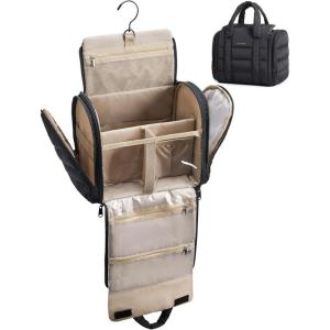 image:imageBAGSMART Travel Toiletry Bag with Removable Partition Puffy Waterresistant Fabric Hanging Organizer for FullSize Toiletries Accessories BlackBlack