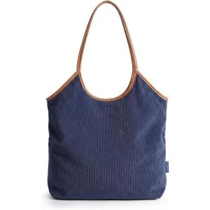 image:imageBAGSMRT Corduroy Tote Bag for Women Beach Bag with Zipper Casual Shoulder Bag Lightweight Travel Tote Hobo Handbag  PU Leather Handles 14L Capacity Inner Pocket Beach Travel Shopping CampusNavy Blue