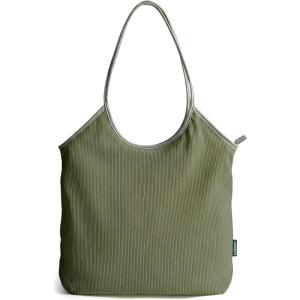 image:imageBAGSMRT Corduroy Tote Bag for Women Beach Bag with Zipper Casual Shoulder Bag Lightweight Travel Tote Hobo Handbag  PU Leather Handles 14L Capacity Inner Pocket Beach Travel Shopping CampusOlive Green