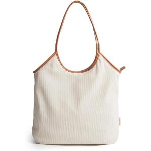 image:imageBAGSMRT Corduroy Tote Bag for Women Beach Bag with Zipper Casual Shoulder Bag Lightweight Travel Tote Hobo Handbag  PU Leather Handles 14L Capacity Inner Pocket Beach Travel Shopping CampusLight Beige