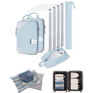 image:imageBAGSMART 8 Pcs Compression Packing Cubes Travel Packing Cubes with 4 Pack Vacuum Storage Bags for Women Travel Essentials Handrolled Space Saver Bags Light Blue