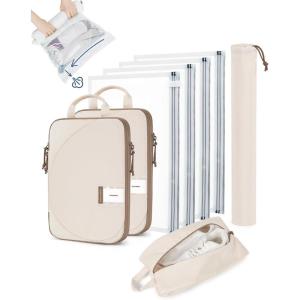 image:imageBAGSMART 8 Pcs Compression Packing Cubes Travel Packing Cubes with 4 Pack Vacuum Storage Bags for Women Travel Essentials Handrolled Space Saver Bags Beige
