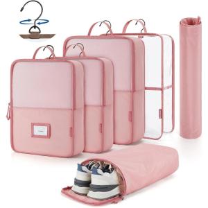 image:imageBAGSMART Hanging Packing Cubes for Travel 6 Set Clear Waterproof Packing Cubes for Suitcases Storage Organizer for Hanging Closet with Zipper Handles and Hook Baby PinkBaby Pink