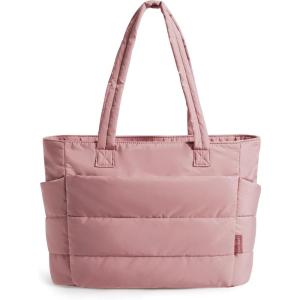 image:imageBAGSMART Tote Bag for Women Lightweight Puffy Tote Bag with Compartments Shoulder Bag Handbag for Travel Work Gym  Lightweight Puffy Quilted for Travel WorkDark Pink