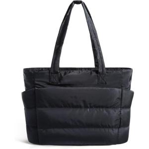 image:imageBAGSMART Tote Bag for Women Lightweight Puffy Tote Bag with Compartments Shoulder Bag Handbag for Travel Work Gym  Lightweight Puffy Quilted for Travel WorkBlack