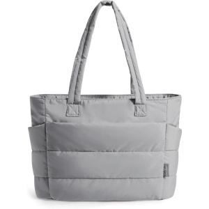 image:imageBAGSMART Tote Bag for Women Lightweight Puffy Tote Bag with Compartments Shoulder Bag Handbag for Travel Work Gym  Lightweight Puffy Quilted for Travel WorkLight Gray