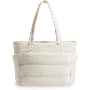 image:imageBAGSMART Tote Bag for Women Lightweight Puffy Tote Bag with Compartments Shoulder Bag Handbag for Travel Work Gym  Lightweight Puffy Quilted for Travel WorkBeige