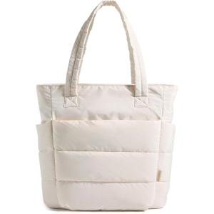 image:imageBAGSMART Tote Bag for Women Lightweight Puffy Tote Bag with Compartments Shoulder Bag Handbag for Travel Work Gym  Lightweight Puffy Quilted for Travel WorkOyster White