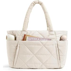 image:imageBAGSMART Tote Bag for Women Puffer Tote Bag with Zipper Large Quilted Shoulder Bag with Compartments for Travel Work GymAbeige