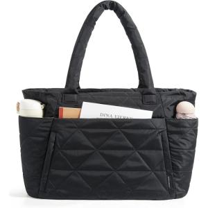 image:imageBAGSMART Tote Bag for Women Puffer Tote Bag with Zipper Large Quilted Shoulder Bag with Compartments for Travel Work GymBblack