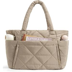 image:imageBAGSMART Tote Bag for Women Puffer Tote Bag with Zipper Large Quilted Shoulder Bag with Compartments for Travel Work GymCgrayish Brown