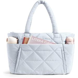 image:imageBAGSMART Tote Bag for Women Puffer Tote Bag with Zipper Large Quilted Shoulder Bag with Compartments for Travel Work GymDgrayblue