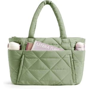 image:imageBAGSMART Tote Bag for Women Puffer Tote Bag with Zipper Large Quilted Shoulder Bag with Compartments for Travel Work GymGreen