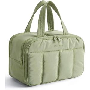 image:imageBAGSMART Travel Toiletry Bag Puffy Large Toiletry Bag for Women Lightweight Cosmetic Makeup Bag Organizer with Handle for Traveling Accessories Essentials Toiletries Dark PinkELight Green