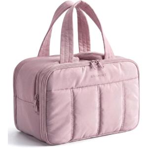 image:imageBAGSMART Travel Toiletry Bag Puffy Large Toiletry Bag for Women Lightweight Cosmetic Makeup Bag Organizer with Handle for Traveling Accessories Essentials Toiletries Dark PinkGLight Purple