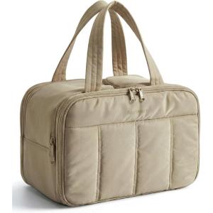 image:imageBAGSMART Travel Toiletry Bag Puffy Large Toiletry Bag for Women Lightweight Cosmetic Makeup Bag Organizer with Handle for Traveling Accessories Essentials Toiletries Dark PinkDLight Camel