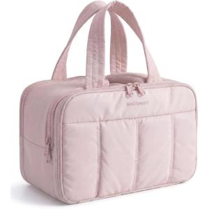 image:imageBAGSMART Travel Toiletry Bag Puffy Large Toiletry Bag for Women Lightweight Cosmetic Makeup Bag Organizer with Handle for Traveling Accessories Essentials Toiletries Dark PinkFLight Pink