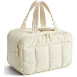 image:imageBAGSMART Travel Toiletry Bag Puffy Large Toiletry Bag for Women Lightweight Cosmetic Makeup Bag Organizer with Handle for Traveling Accessories Essentials Toiletries Dark PinkCBeige