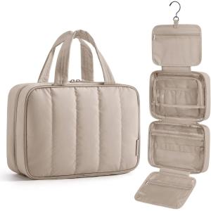 image:imageBAGSMART Travel Toiletry Bag for women Portable Hanging Hook Makeup Bag Organizer Waterproof Makeup Cosmetic Bag for FullSize Accessories ToiletriesBlackCamel