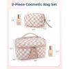 image:imageBAGSMART Travel Makeup Bag 2Piece Puffy Quilted Cute Make Up Bag Cosmetic Bags for Women Large WideOpen Toiletry Pouch Gifts for Toiletries Accessories Travelling Essentials PinkCheckered Khaki