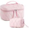 image:imageBAGSMART Travel Makeup Bag 2Piece Puffy Quilted Cute Make Up Bag Cosmetic Bags for Women Large WideOpen Toiletry Pouch Gifts for Toiletries Accessories Travelling Essentials PinkPink