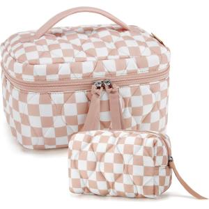 image:imageBAGSMART Travel Makeup Bag 2Piece Puffy Quilted Cute Make Up Bag Cosmetic Bags for Women Large WideOpen Toiletry Pouch Gifts for Toiletries Accessories Travelling Essentials PinkCheckered Khaki