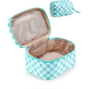 image:imageBAGSMART Travel Makeup Bag 2Piece Puffy Quilted Cute Make Up Bag Cosmetic Bags for Women Large WideOpen Toiletry Pouch Gifts for Toiletries Accessories Travelling Essentials PinkCheckered Blue