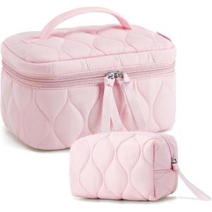image:imageBAGSMART Travel Makeup Bag 2Piece Puffy Quilted Cute Make Up Bag Cosmetic Bags for Women Large WideOpen Toiletry Pouch Gifts for Toiletries Accessories Travelling Essentials PinkPink