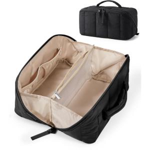 image:imageBAGSMART Travel Makeup Bag for Women Portable Waterresistant Cosmetic Case Puffy Padded Make Up Organizer Pouch Open Flat Toiletry Bag for Toiletries Brushes Pink01Black