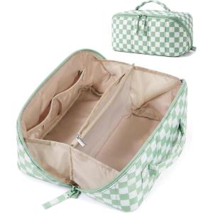 image:imageBAGSMART Travel Makeup Bag for Women Portable Waterresistant Cosmetic Case Puffy Padded Make Up Organizer Pouch Open Flat Toiletry Bag for Toiletries Brushes Pink16Checkred Green