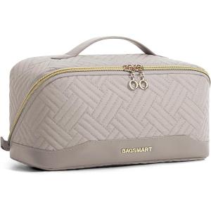 image:imageBAGSMART Travel Makeup Bag for Women Portable Waterresistant Cosmetic Case Puffy Padded Make Up Organizer Pouch Open Flat Toiletry Bag for Toiletries Brushes Pink19Tranquil Gray