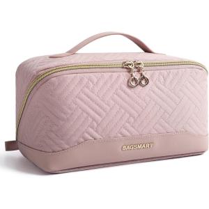 image:imageBAGSMART Travel Makeup Bag for Women Portable Waterresistant Cosmetic Case Puffy Padded Make Up Organizer Pouch Open Flat Toiletry Bag for Toiletries Brushes PinkPink
