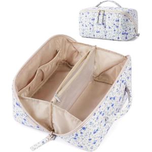 image:imageBAGSMART Travel Makeup Bag for Women Portable Waterresistant Cosmetic Case Puffy Padded Make Up Organizer Pouch Open Flat Toiletry Bag for Toiletries Brushes Pink15Blue Ditsy Floral