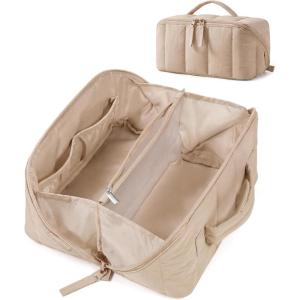 image:imageBAGSMART Travel Makeup Bag for Women Portable Waterresistant Cosmetic Case Puffy Padded Make Up Organizer Pouch Open Flat Toiletry Bag for Toiletries Brushes Pink08Khaki Brown